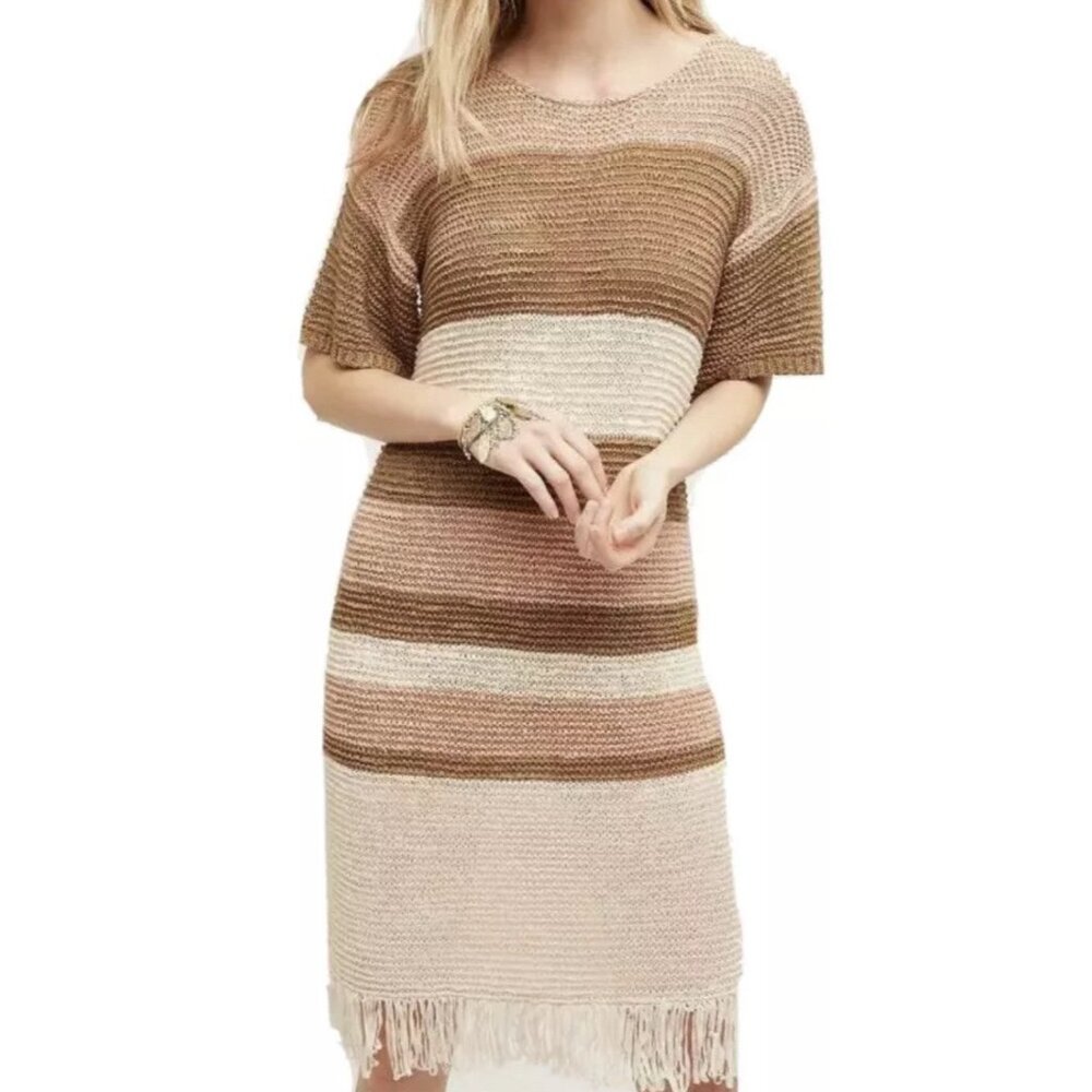 ANTHROPOLOGIE ISY & KI FRINGED SANDSTRIPE DRESS L Large‎ Crochet Pink Tan
